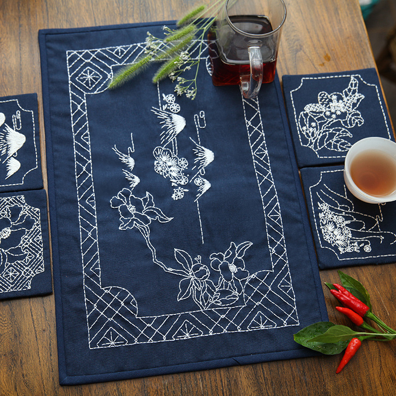 Bordado diy camelia estera de té estilo chino zen lu bordado hecho a mano diy estera de té de algodón y lino bordado tridimensional principiante bandera de té image 5