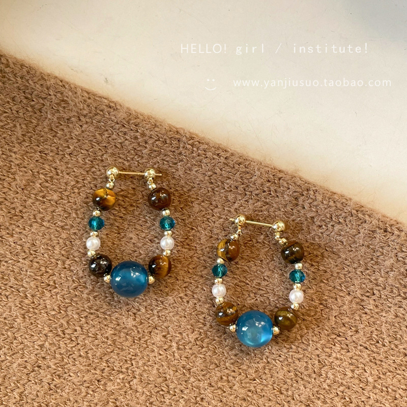 New Chinese-Style Natural Tiger Eye Stone Beaded Earrings for Women, Autumn and Winter Light Luxury High-End Earrings, Unique and Beautiful Earrings