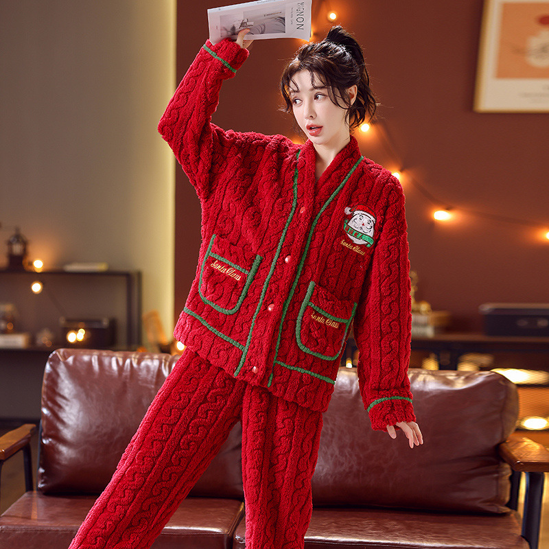 2025 가을 겨울 신상 산타클로스 칼라 플란넬 파자마 두꺼워진 루즈 파자마 여성 홈웨어 정장