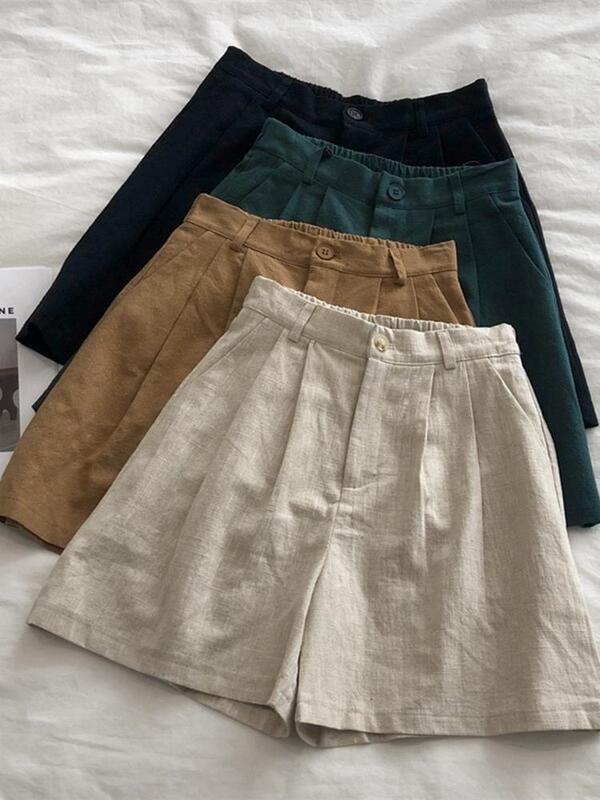 Japanese Style Vintage Cotton Linen Shorts Women's Summer High Waist Small Thin Linen Wide Leg Casual A- shaped Five-point Pants