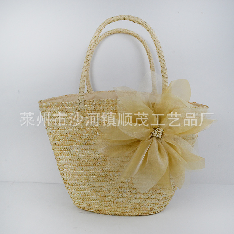 夏季个性草编包珍珠花朵装饰手提包包沙滩度假包休闲女包