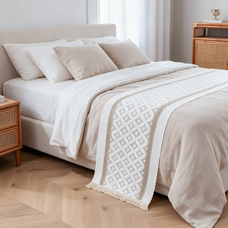 Cross-border Amazon vintage cotton and linen bed runner, hotel bedroom decoration, long strip bed end cover with woven tassels
