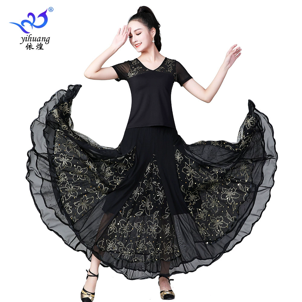 Новая танцевальная одежда национального стандарта, одежда для бальных танцев, танцевальная одежда с короткими рукавами и блестками, большая распашная юбка, юбка, одежда для выступлений на танцевальных конкурсах