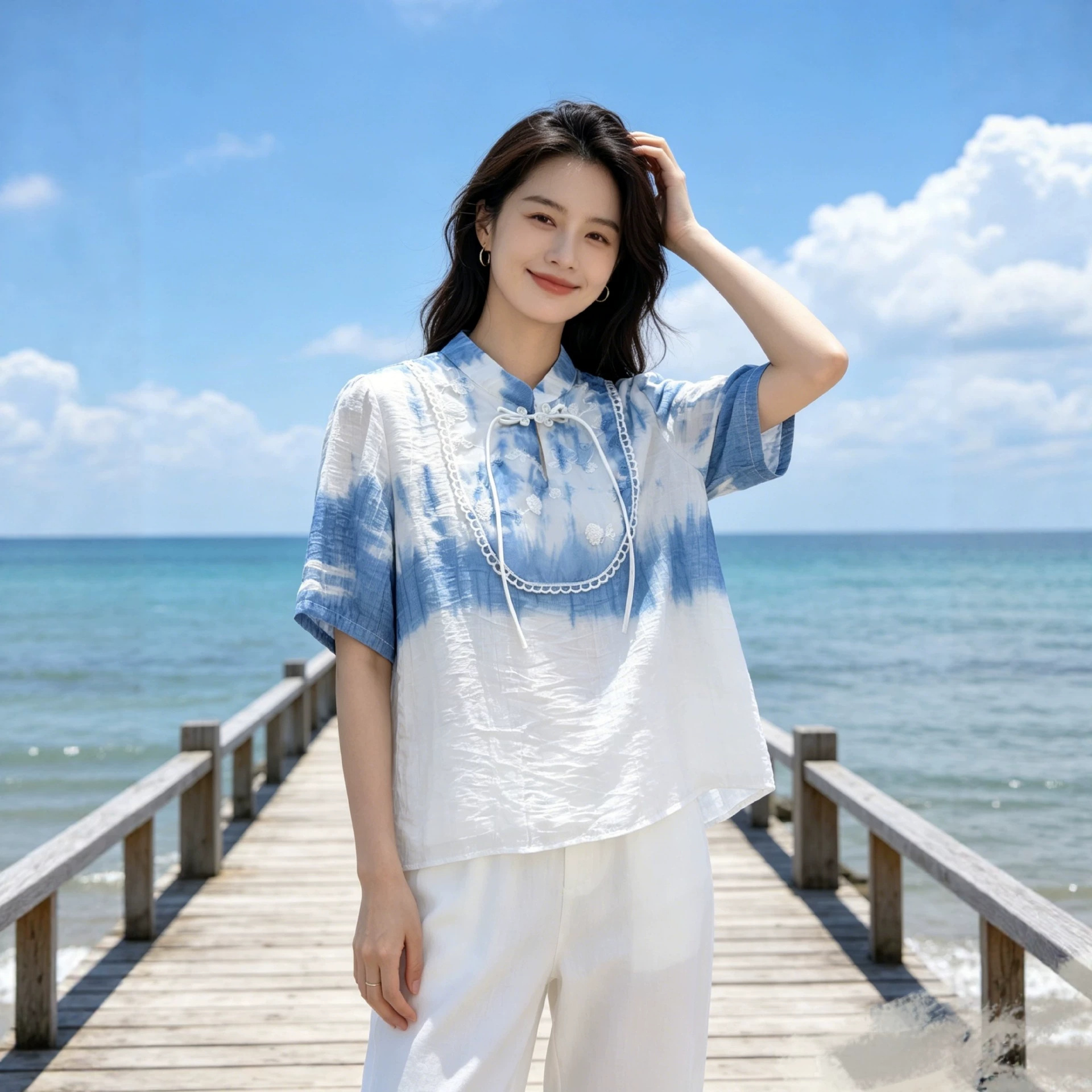 Wholesale Handmade Pure Plant-Based Indigo-Dyed Tie-Dye Loose-Fitting Embroidered Button-Up Women's Top from Dali, Yunnan