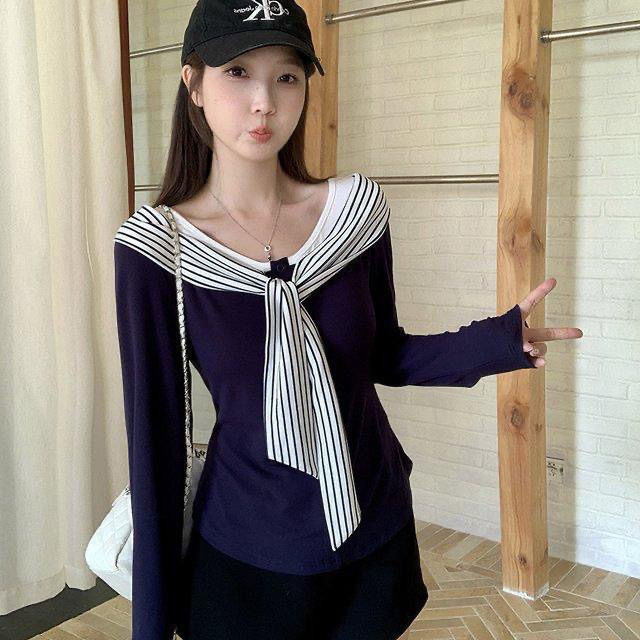 藏蓝色拼接条纹绑带长袖T恤女2025早秋新款时尚显瘦修身上衣打底|undefined