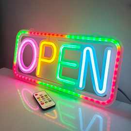 led霓虹灯遥控款open发光字母营业标志灯幻彩闪烁装饰灯广告灯牌