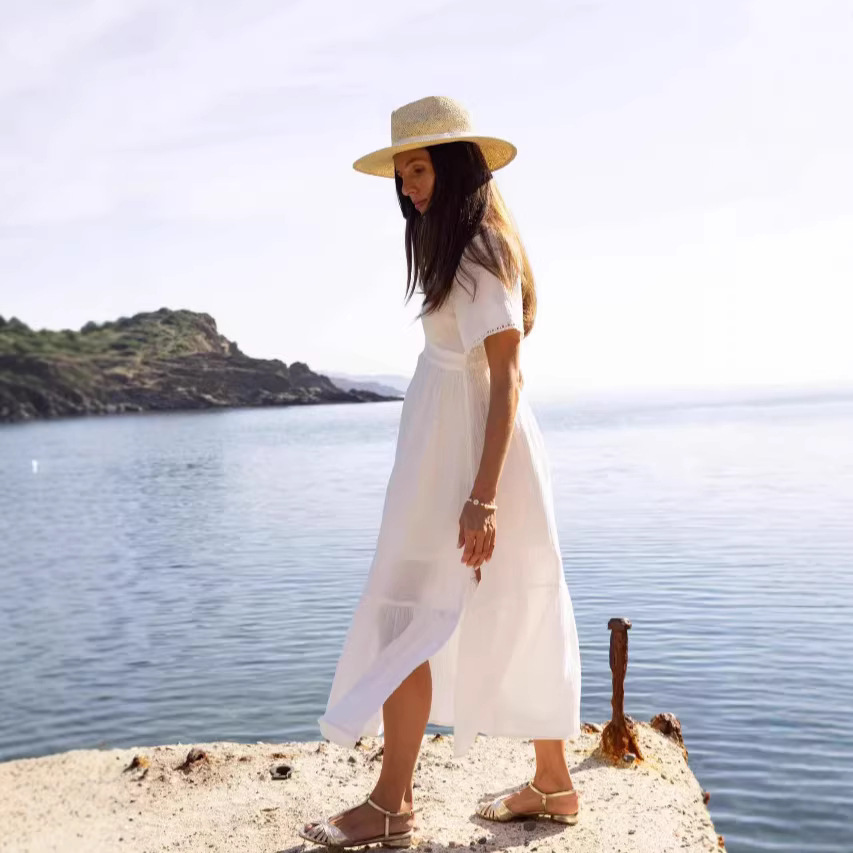 ng2510292 Strandkleid im Urlaubsstil für Damen, V-Ausschnitt, Kurzarm, Schlitz, langes Kleid, atemberaubende Midi-Länge_voghion.com