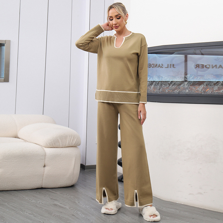 Abbigliamento donna nuova moda autunno e inverno abiti scollo a U manica lunga maglione lavorato a maglia spaccato vita alta pantaloni gamba larga due pezzi_voghion.com