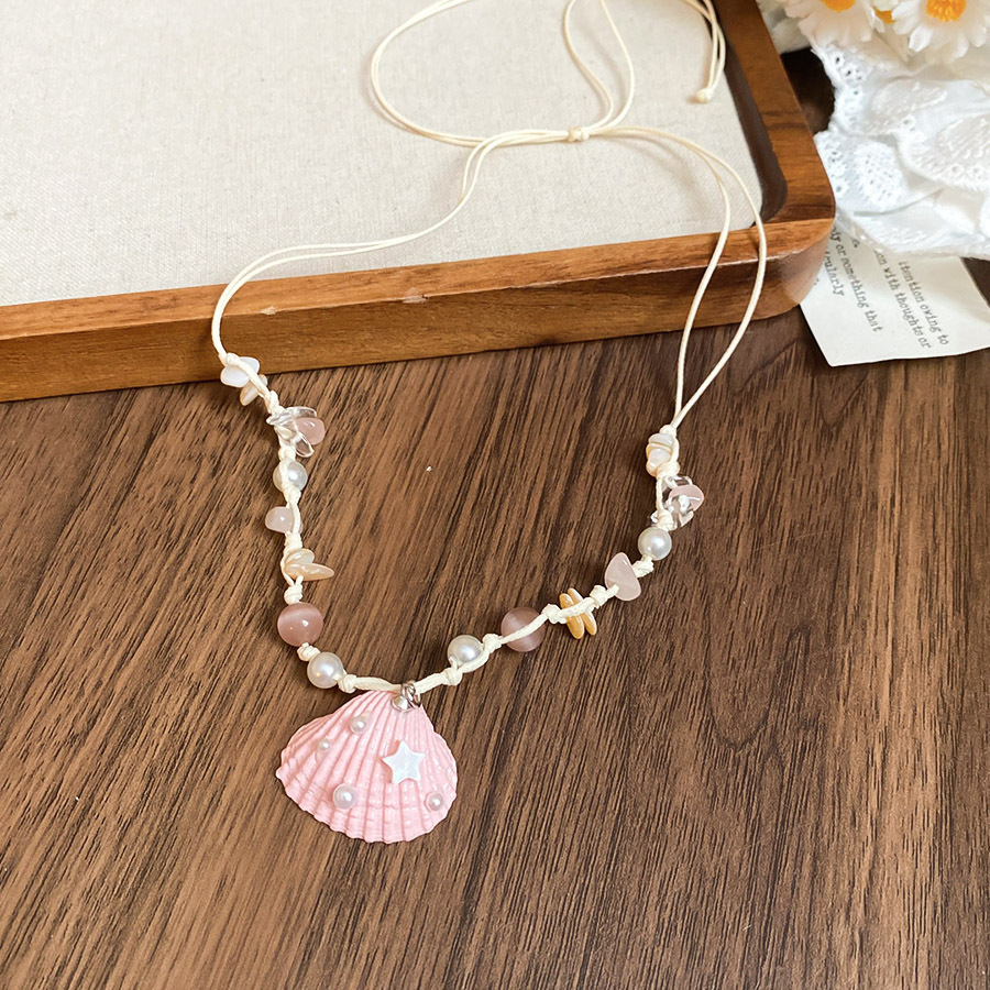 Collar colgante de concha de perlas de cristal de perlas de arroz con incrustaciones de diamantes, cadena de clavícula de viento de vacaciones junto al mar, collar fresco y dulce al por mayor