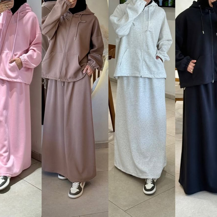 2025 Cross-Border European and American Middle East Autum New Hooded Elastic Sports Pullover Sweatshirt Waist Straight Skirt Women's Clothing