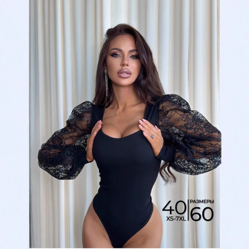 European and American Ladies Summer Sexy Jumpsuit Women's Slim Lace Long-Sleeved Splicing Spring and Autumn Outer Wear