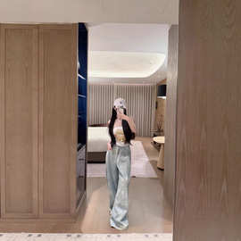 2026春季新款复古泼墨爱心异形钻牛仔长裤女宽松阔腿裤拖地裤潮