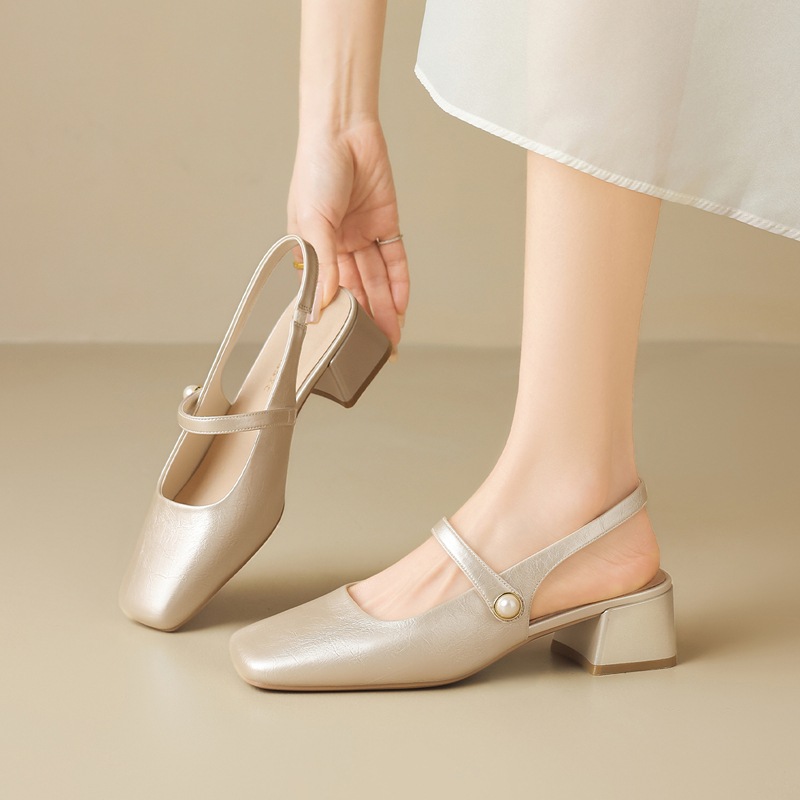 Sandal nữ mũi vuông quai ngang gót thấp phong cách Pháp — Rượu sâm banh NM20
