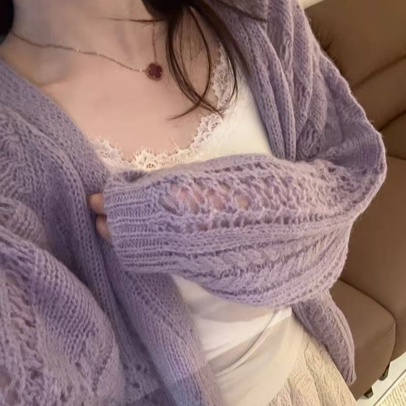 Hollow-Out Casual Knit Cardigan Sweater Blouse for Women 2026 Spring New Korean Style Slimming Loose Top Jacket Hollow-Out Casual Knit Cardigan Sweater Blouse for Women 2026 Spring New Korean Style Slimming Loose Top Jacket