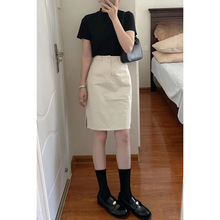 『七月自制』夏季新款白色高腰显瘦中裙A字开叉半身裙