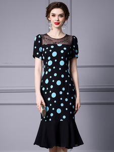 Mesh patchwork polka dot wrap buttocks fishtail skirt for summer