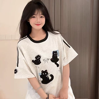 原创美式猫咪刺绣短袖t恤女夏季新款宽松慵懒风高街小众半袖上衣