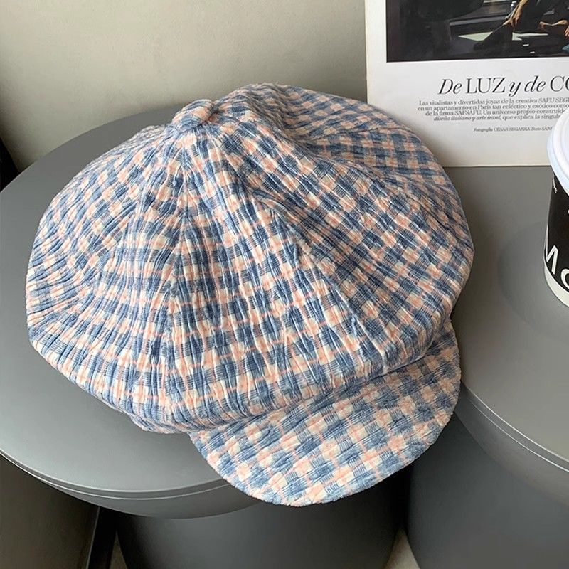 Large face showing duckbill tongue beret cloud painter Korean version ins versatile artistic plaid newsboy hat_viptrois.com