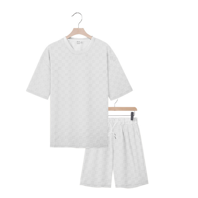 Muscle Doctor Men's Summer Jacquard Checkered Short Sleeve T-Shirt & Shorts Set, Loose Fit High Street Casual Outfit_viptrois.com