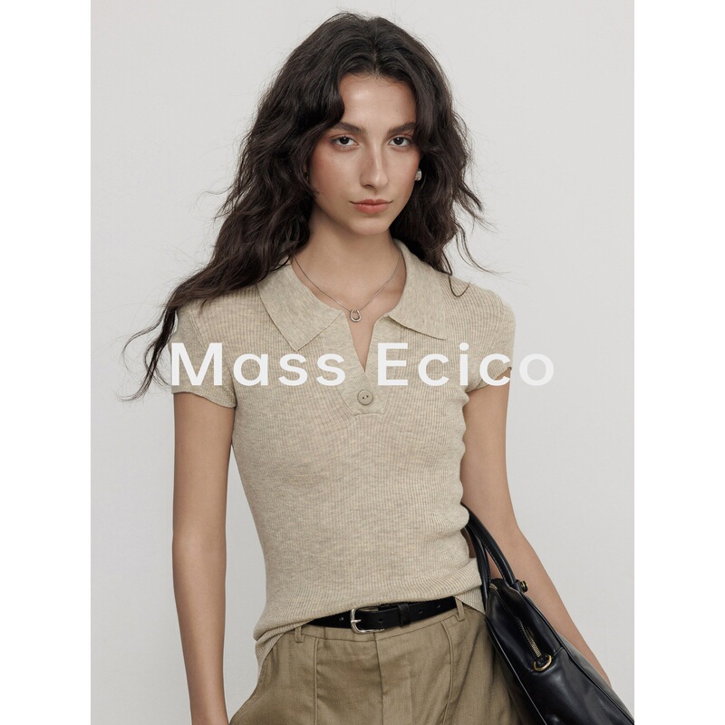 Mass Ecico Old Money Style Wool Blend Lapel Pullover Knit Sweater for Women, Summer Outerwear Polo Shirt T-Shirt Top