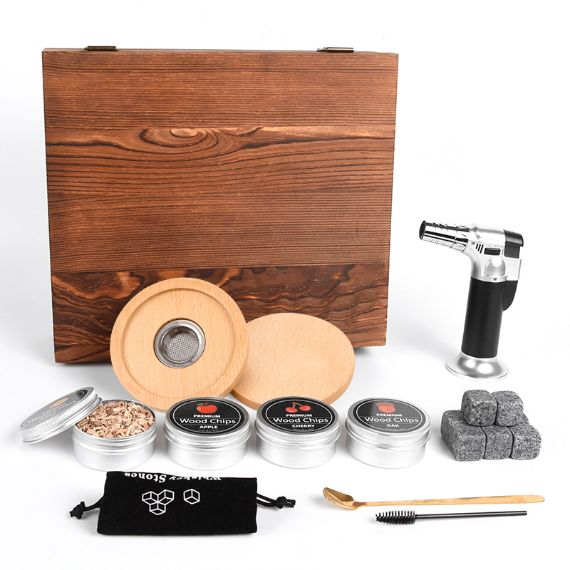 Caja de madera de haya transfronteriza cóctel ahumador caja de regalo juego bar barman whisky hielo vino piedra ahumador