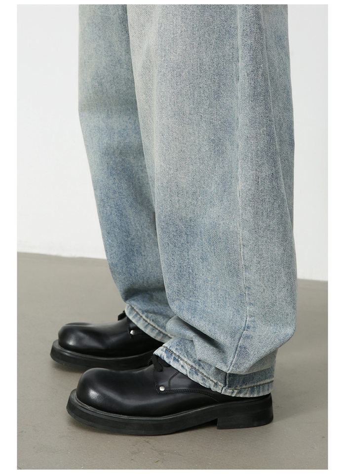 Quần jean nam ống rộng dáng suông cạp vừa phong cách đường phố — Denim đen, Làm cũ, Màu trắng, Màu xanh lam chi tiết 10