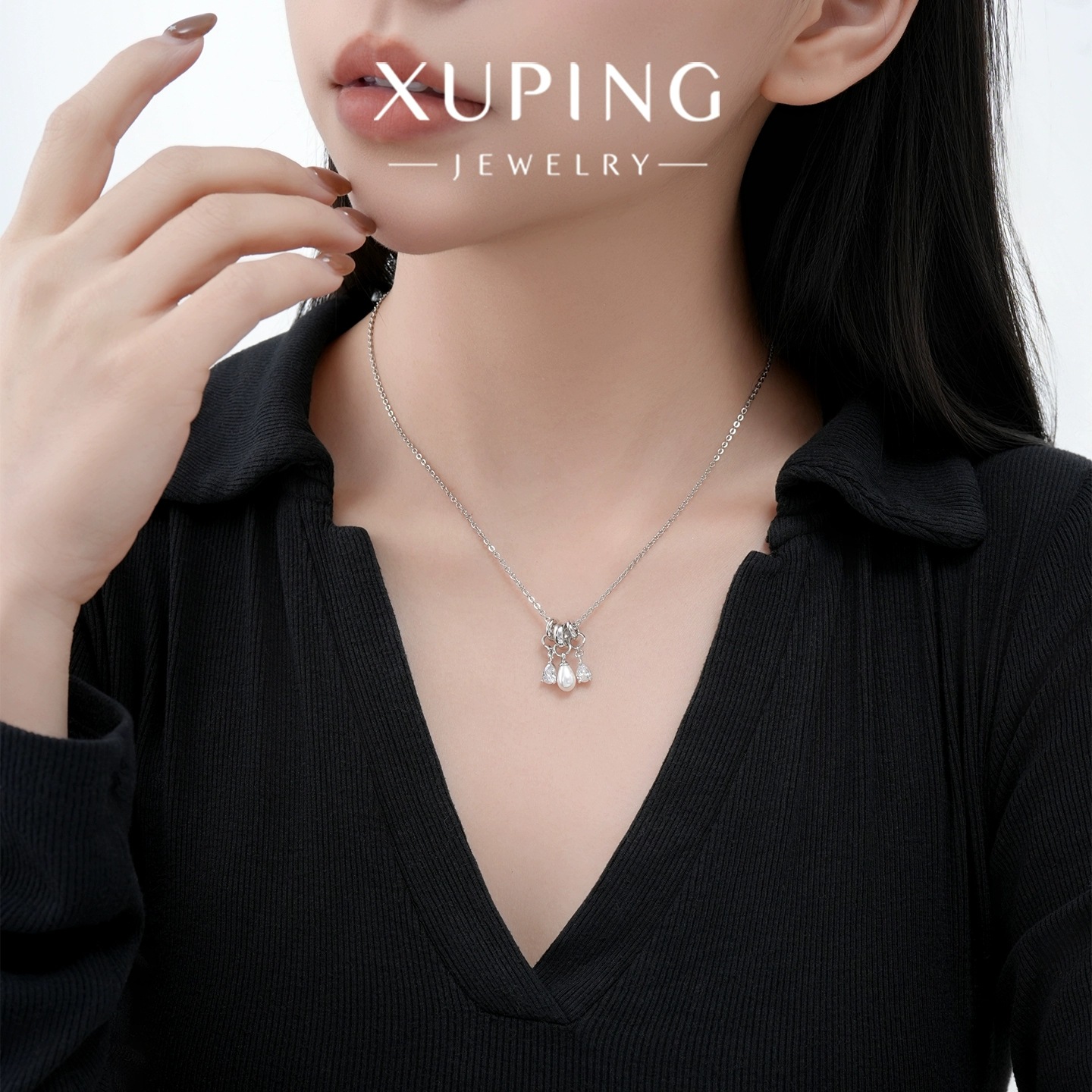 Xuping elegante temperamento nuevo collar de aleación de cobre blanco incrustado con gemas artificiales imitación de perlas joyas para mujeres image 3