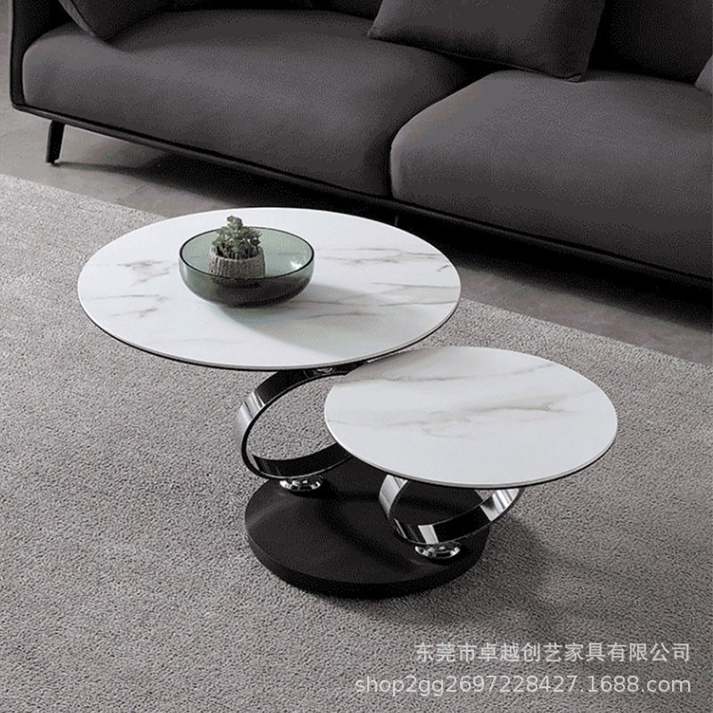 意式天然岩板旋转茶几小户型金属设计师现代客厅家用伸缩圆形茶台|undefined