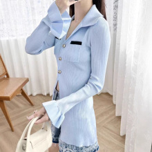 2025年女装撞色修身毛衣女显瘦气质长袖针织开衫女中长款外套V领