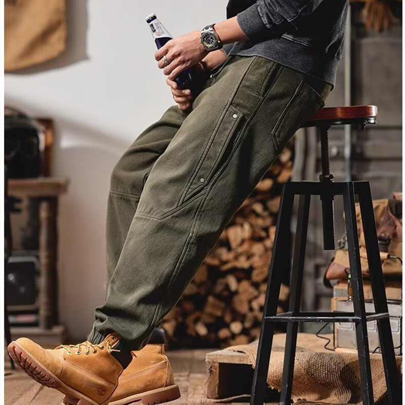 Japanese Retro Men's Cargo Pants Spring Stylish Sports Trendy Loose Multi-Pocket Elastic Waist Harem Jogger Pants