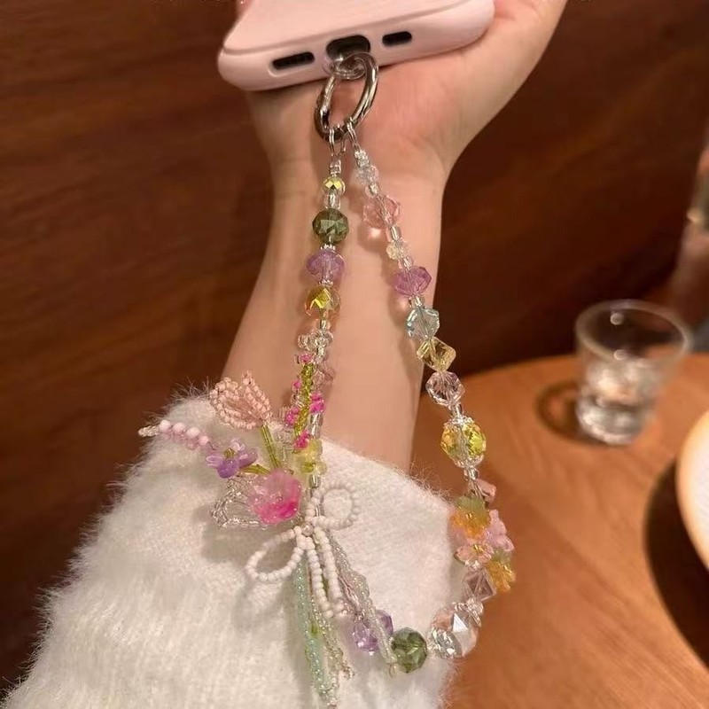 彩色水晶串珠蝴蝶结花朵手机挂件时尚甜美爱心草莓钥匙扣包包挂链|undefined