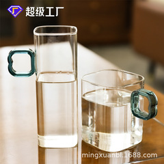 創意耐熱玻璃杯大容量方形水杯圓形彩色把手牛奶杯果汁杯咖啡杯子