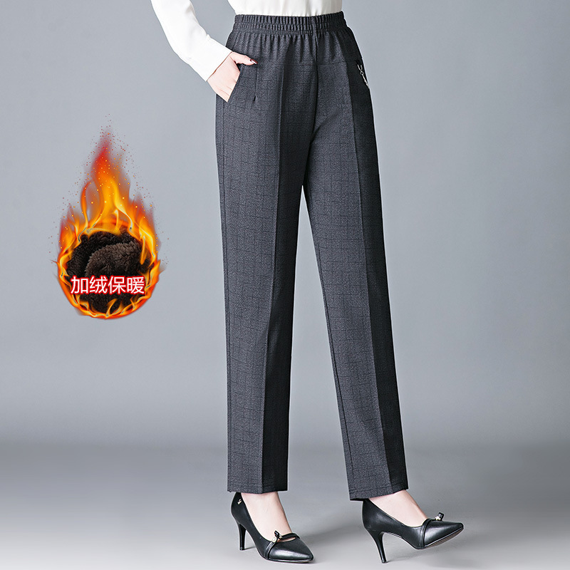 秋冬新款女士加绒裤松紧高腰妈妈装大码裤子中老年女装直筒长裤，女装休闲裤，妃慕昵服饰