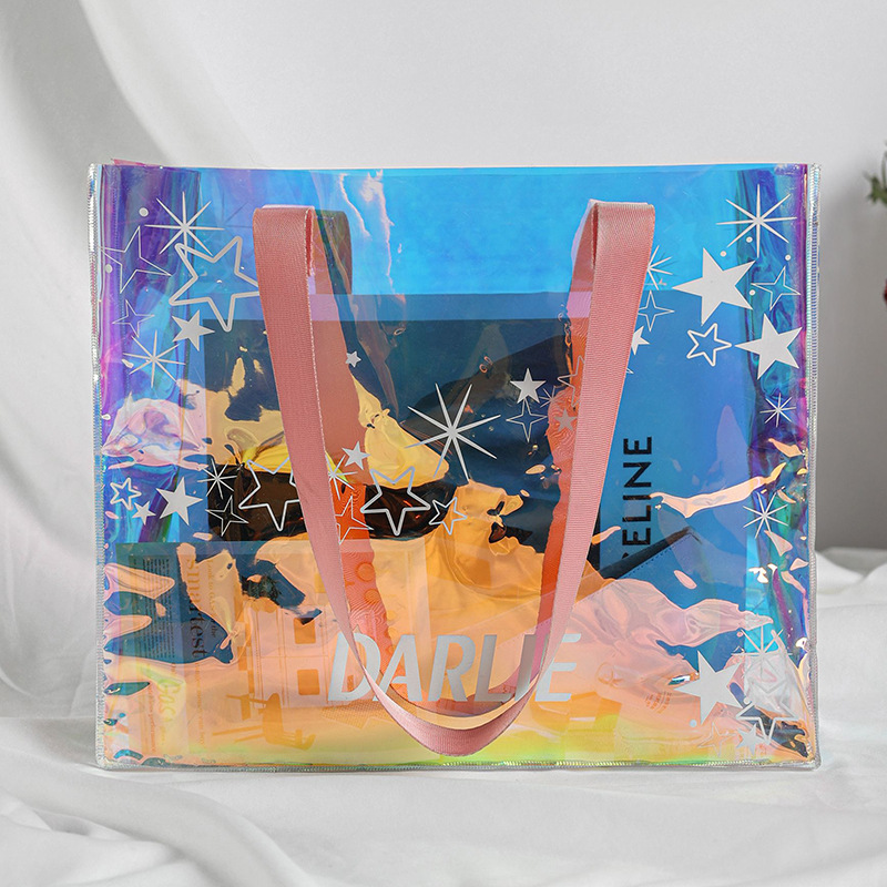 直供透明塑料pvc镭射礼品零食手提袋沙滩购物手提包装袋