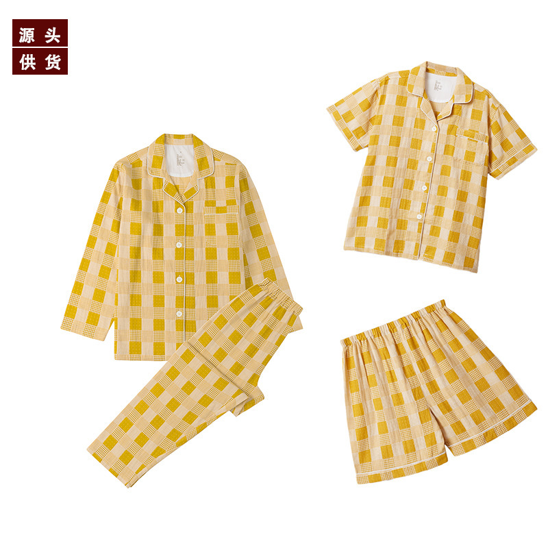 Double-Layer Yarn Pure Cotton Pajamas Women's Style All Cotton Plaid Home Clothes Cardigan Long-Sleeved Non-Side-Seam Good Couple's suit