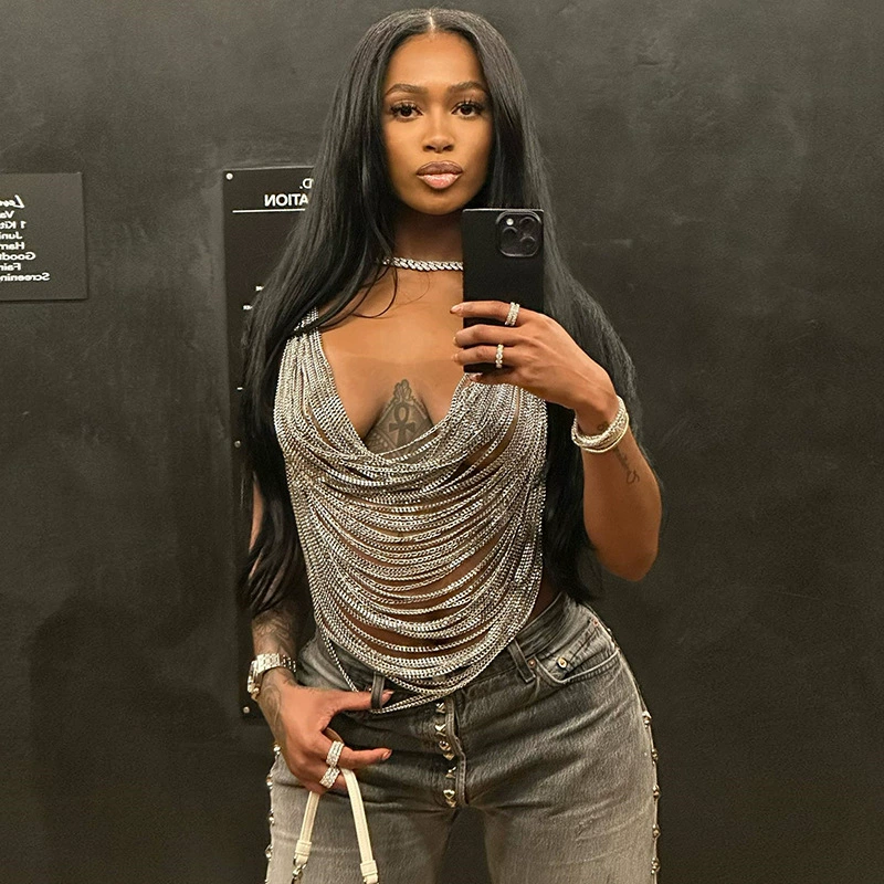 Европейский и американский стиль INS летняя новая мода Персонализированная металлическая цепочка Недоуздок с открытой спиной сексуальный полый женский жилет