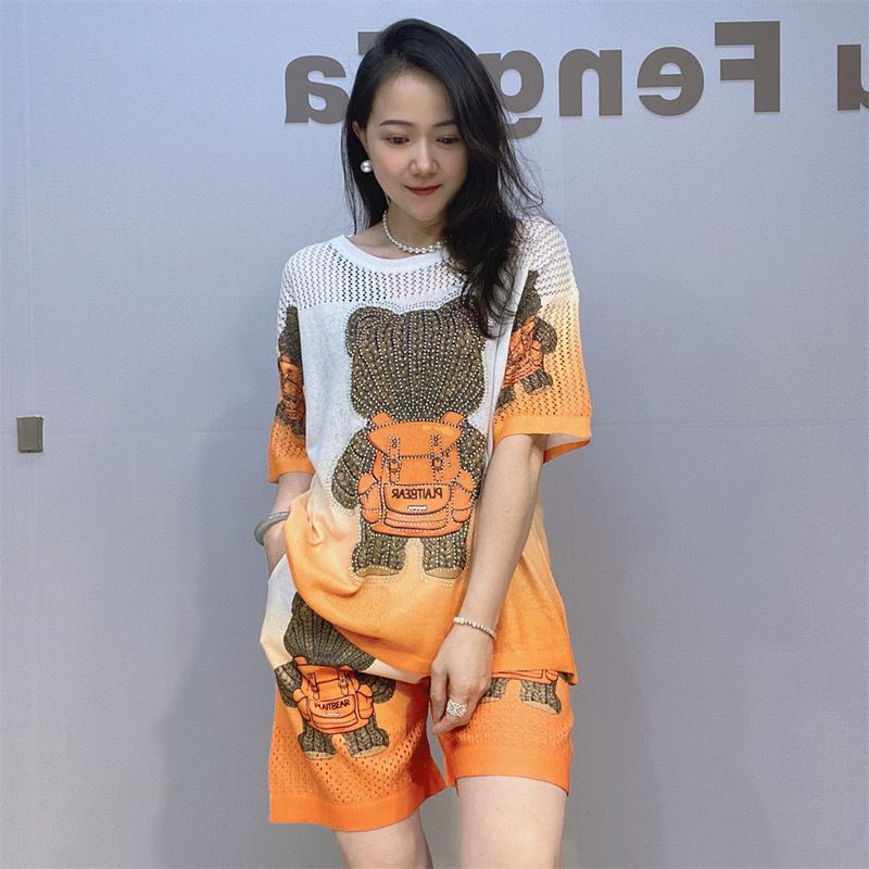 Foreign Trade Cross-border Women's Fashion Short-sleeved Shorts Women's Summer suit Printed Rhinestone Knitted Shirt Casual Two-piece Set for Women