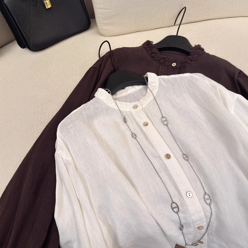 Beautiful French Petty Bourgeoisie Tops! ! Temperament Age-Reducing Linen Shirt for Women 2025 New Lace Collar Linen Shirt