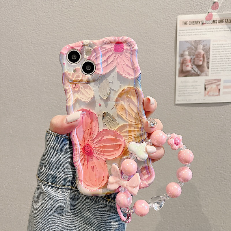 Suitable for high-end blue light oil painting flower iPhone 13 promax phone case Apple 14 women's 12 bracelet 11_voghion.com