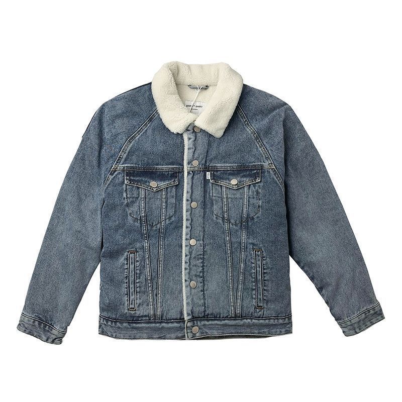 冬季美式复古加绒加厚保暖牛仔外套弗兰克同款羊羔绒男夹克棉衣潮