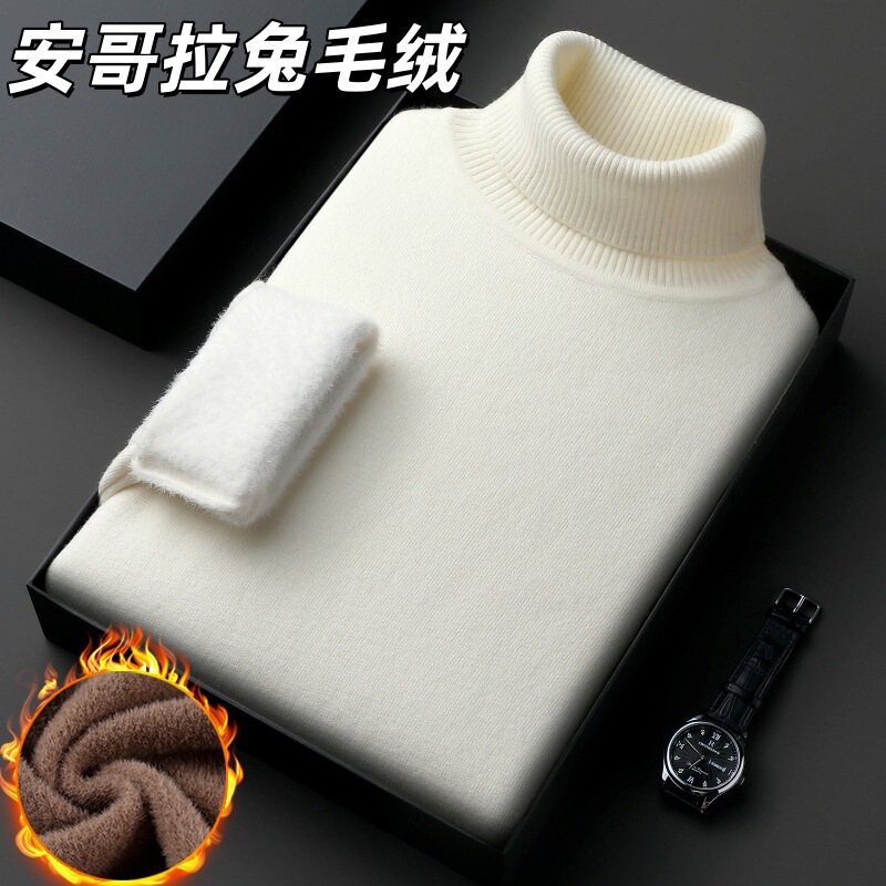 Men's Autumn and Winter High Collar Angora Rabbit Fur Sweater, Fleece-Lined, Thickened, Solid Color, Warm Knitwear for Men Men's Autumn and Winter High Collar Angora Rabbit Fur Sweater, Fleece-Lined, Thickened, Solid Color, Warm Knitwear for Men