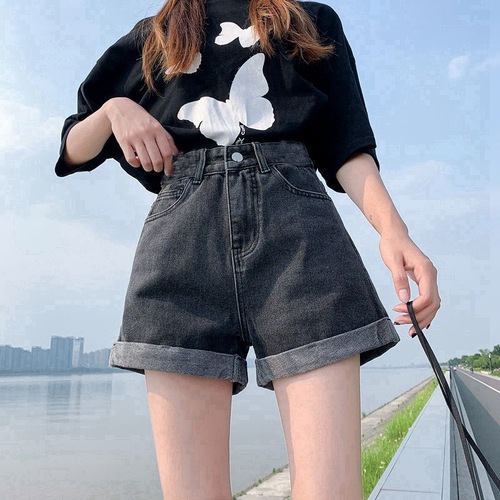 Women's Summer High-Waisted Denim Shorts, Korean Style Wide Leg A-Line Trendy Ins Versatile Casual Rolled Hem Student Hot Pants