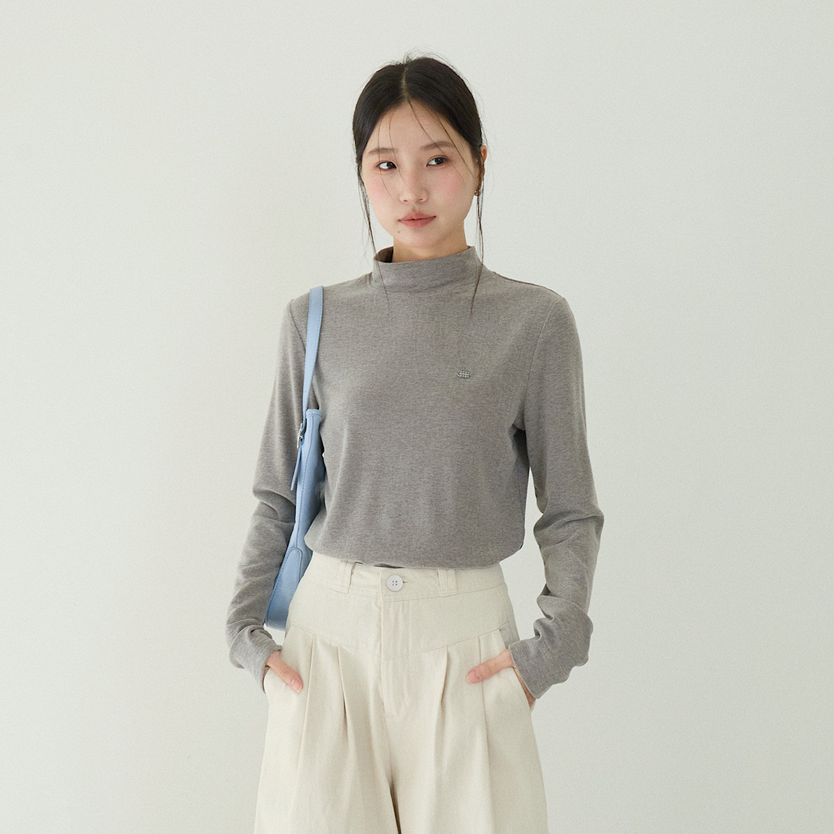 Studded design solid color high neck double-sided fleece inner T-shirt women's new versatile base layer long sleeve top 11129