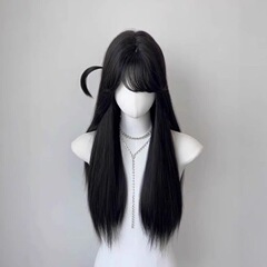 【水原千鶴】女性用無料ネットウィッグ、コミック風小髪、黒ロングストレート、日常着用、万能再発行ピース