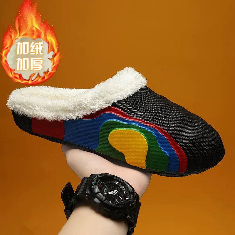 跨境新款时尚包头加绒棉鞋男士棉拖冬季室内家居踩屎感保暖毛拖鞋