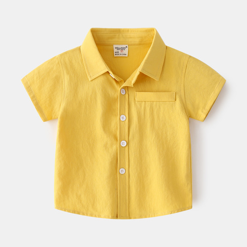 New summer style cotton short-sleeved shirts for small and medium-sized boys, single-color lapel design, casual and trendy children's short-sleeved shirts