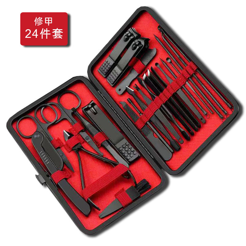 Juego de cortaúñas de acero inoxidable negro, cortaúñas para el hogar, juego de 24 piezas, clip para cejas, aguja para el acné, juego completo de herramientas para uñas