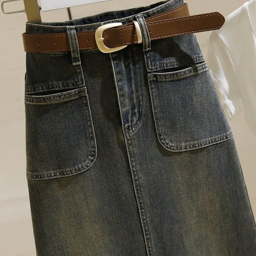 2025 Spring and Autumn Long Semi-Skirt for Women with High Waist Retro Loose Slimming Side Slit Worded Pencil Skirt