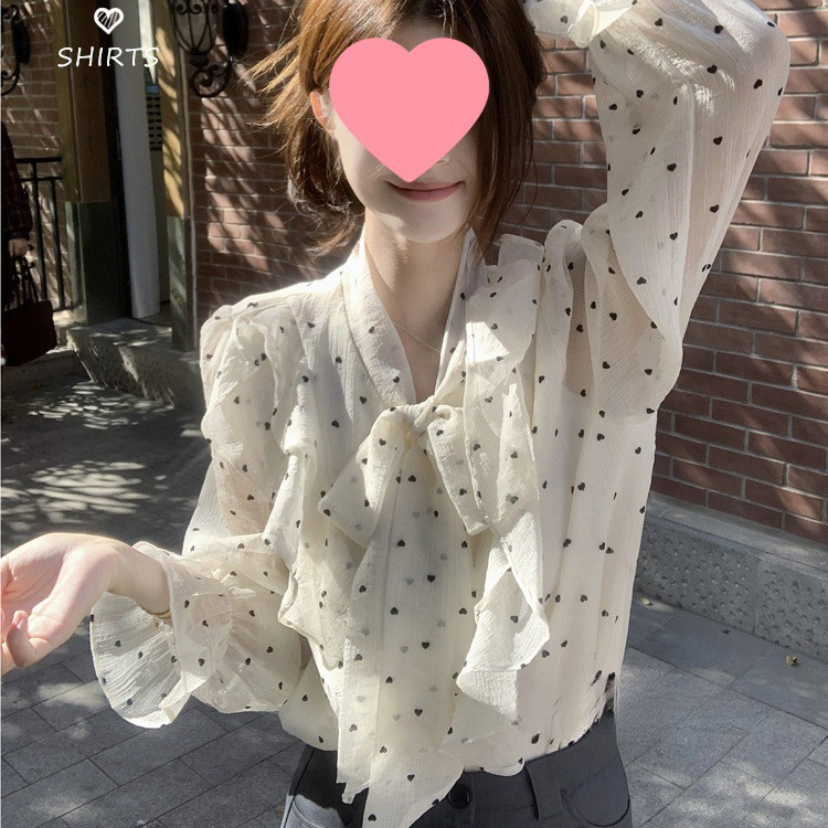 Miss Coco Ruffled Polka-Dot Long-Sleeved Sun Protection Shirt Early Autumn New Loose Bow-Tie Top for Women