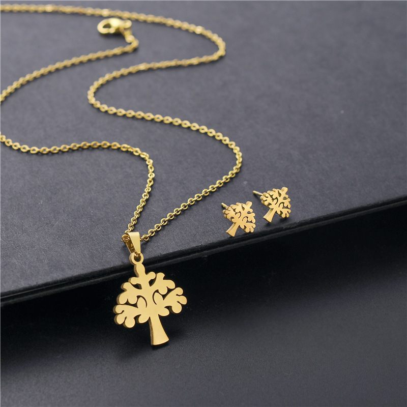 fashion tree of life titanium steel necklace earrings set